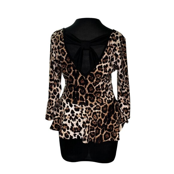 Bella D Womens Leopard Print Peplum Top With Bow Back Design - Picture 3 of 9